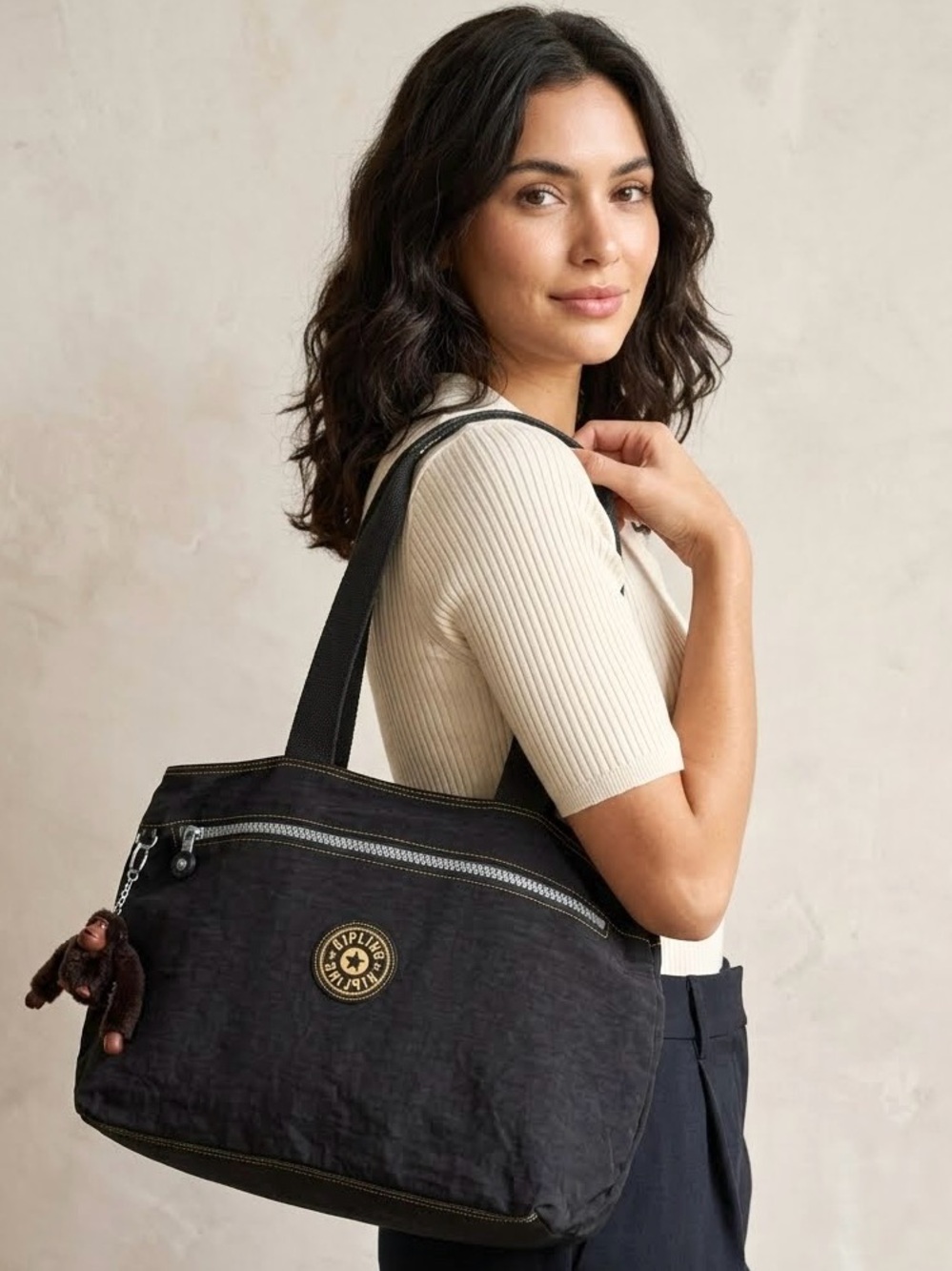Kipling Black Crinkle Nylon Tote Shoulder Purse Bag with Monkey Charm, Black